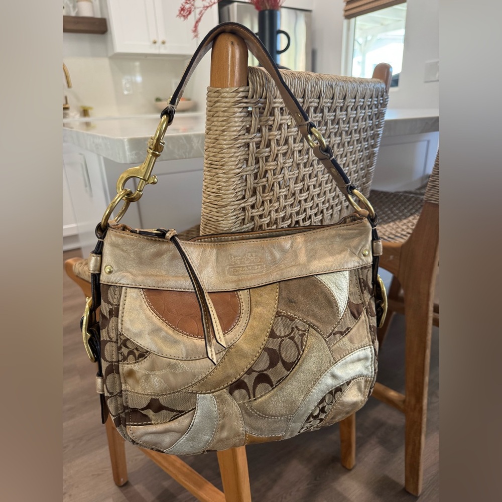 Coach Zoe Vintage Signature Jacquard Patchwork Gold Brown Shoulder Y2K Bag 12662 - Picture 5 of 17